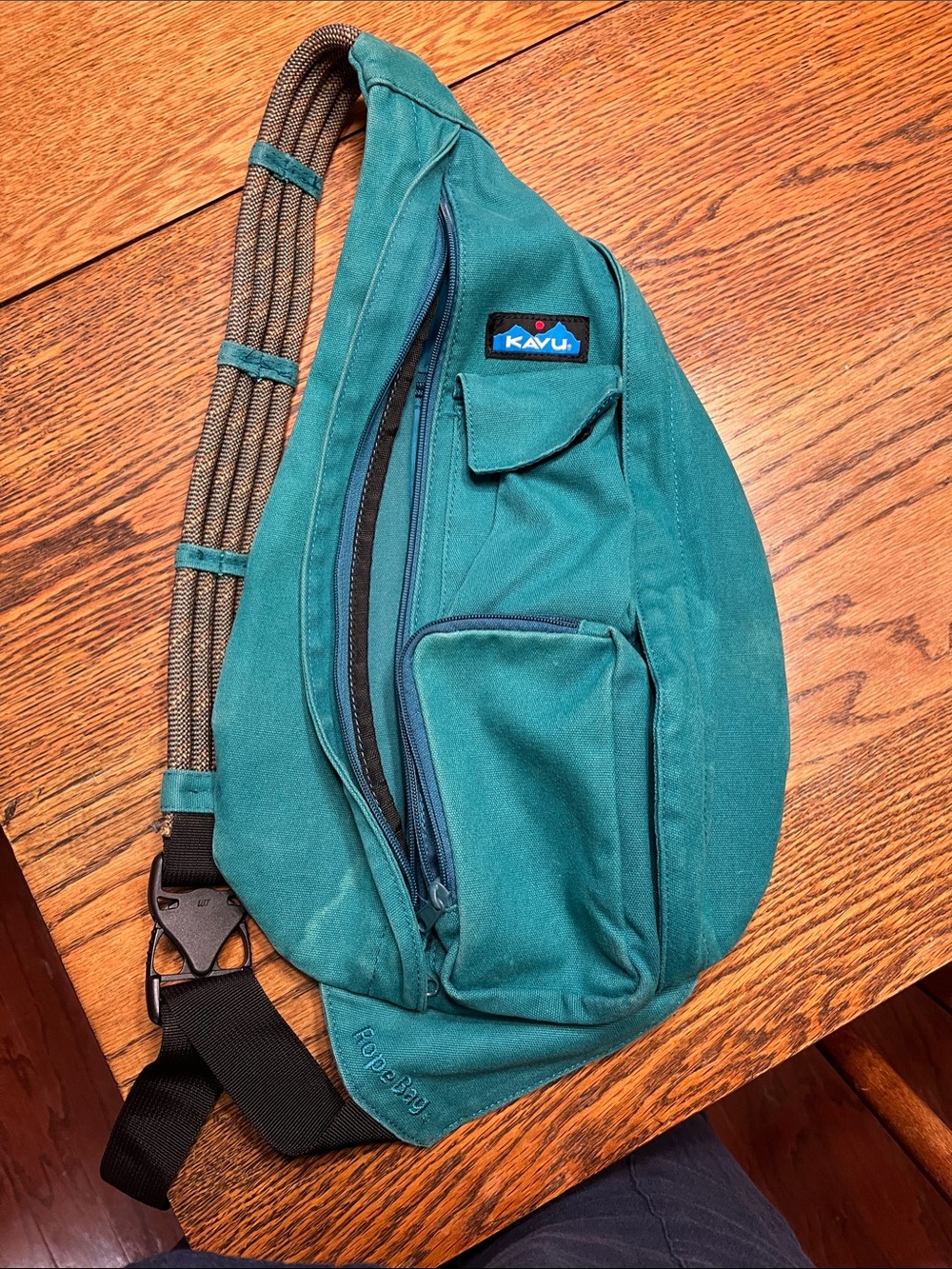 Kavu Teal Rope Sling Bag with Olive Rope Strap
